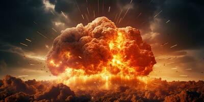 ai generated ai generative nuclear atomic explosion boom mushroom fire flame smoke apocalypse detonation graphic art photo