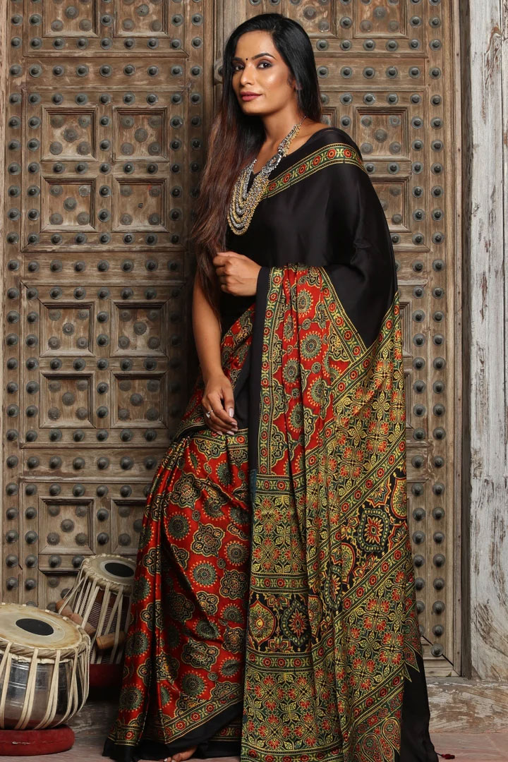 ajrak saree style in office 2