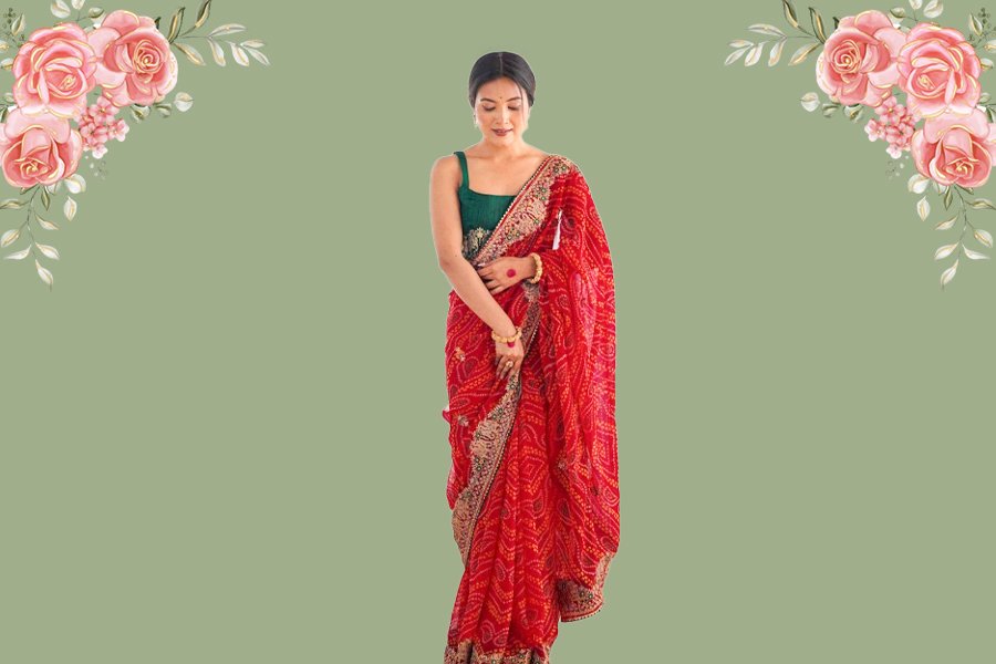 chunri print contrast saree blouse for chaitra navratri puja