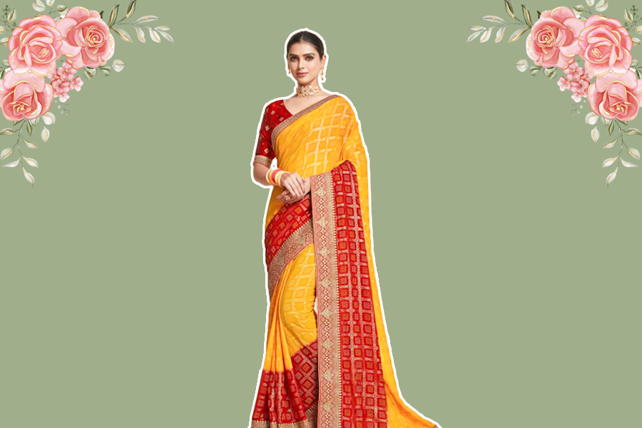 chunri print contrast saree blouse for chaitra navratri puja1