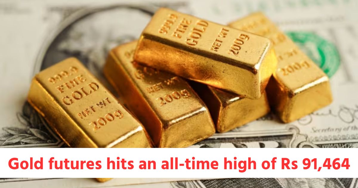 gold futures hits an all time high of rs 91464 on mcx silver futures gains by rs 417 while crudeoil futures drops by rs 21