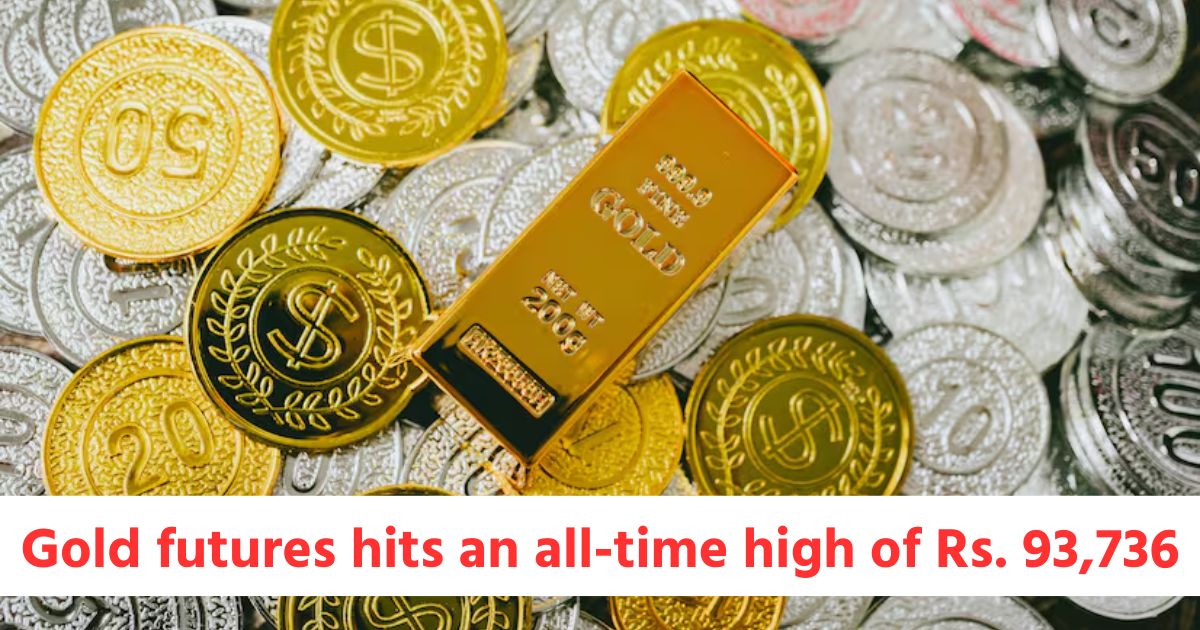 gold futures hits an all time high of rs 93736 on mcx silver futures surge by rs 1049