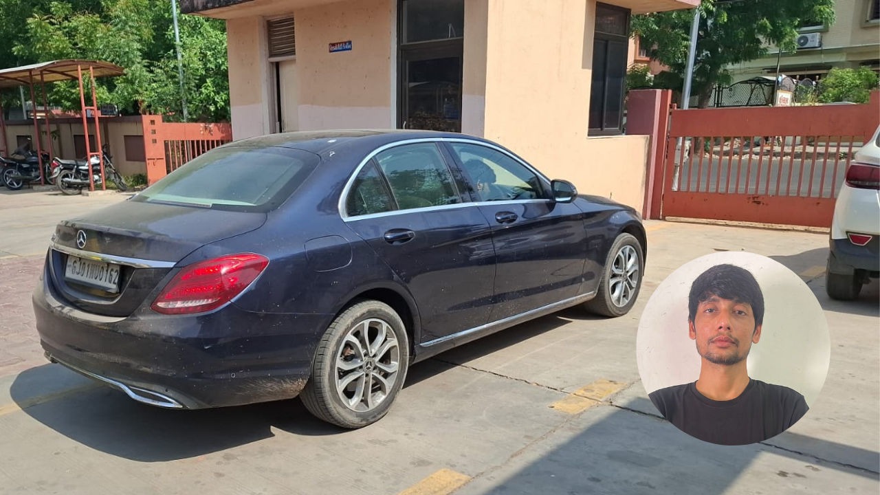 ahmedabad policeman son hit and run case bike rider injured mercedes car arrested