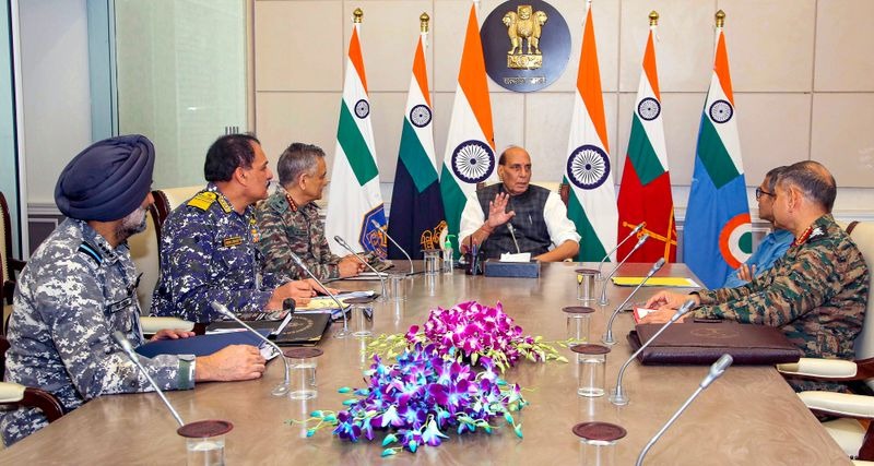 defence minister rajnath singh reviewing the situation with cds army chief navy chief vice air chief and defence secretary1
